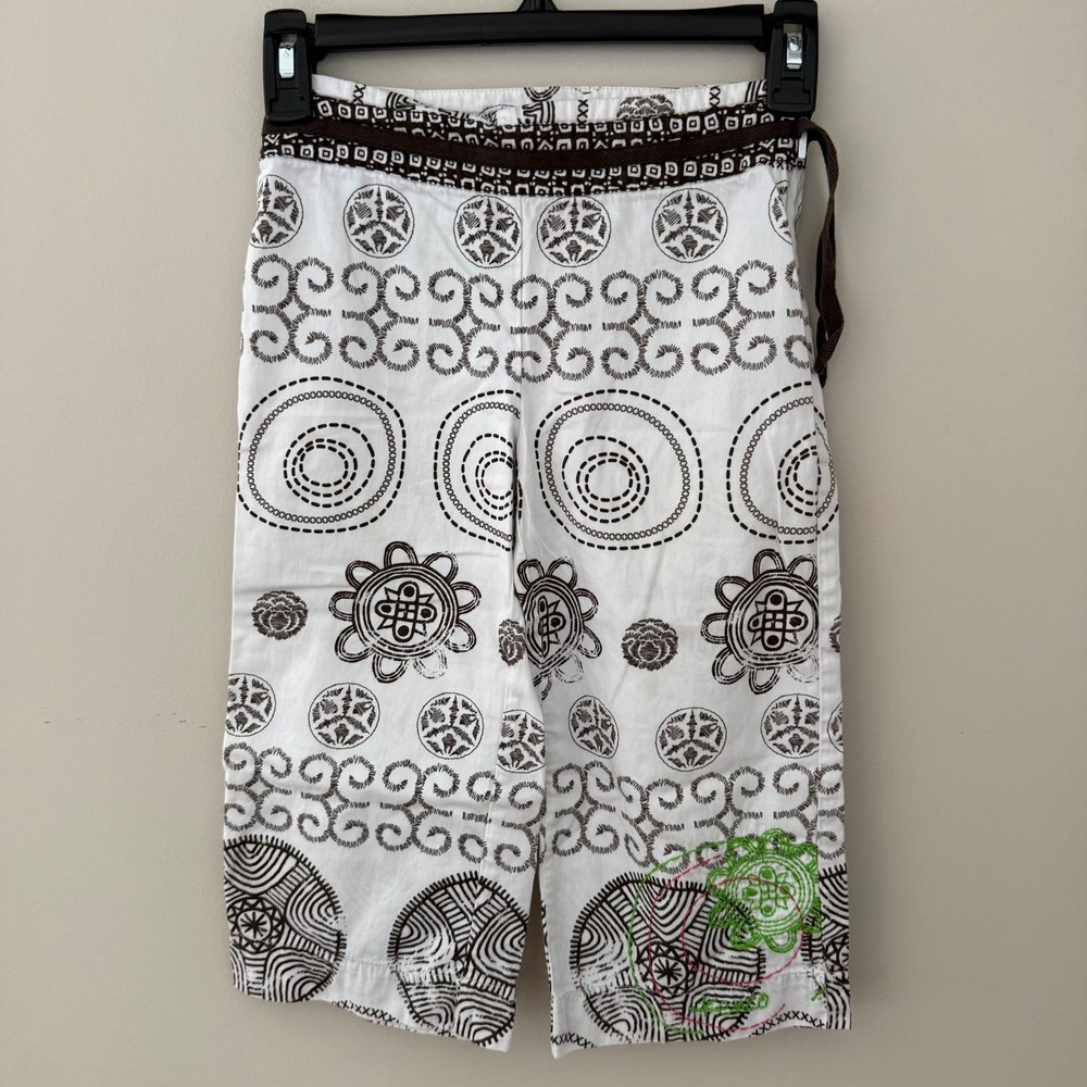 Kenzo Junior Girls White Brown Tribal Print Embroidered Cropped‎ Pants Size 8